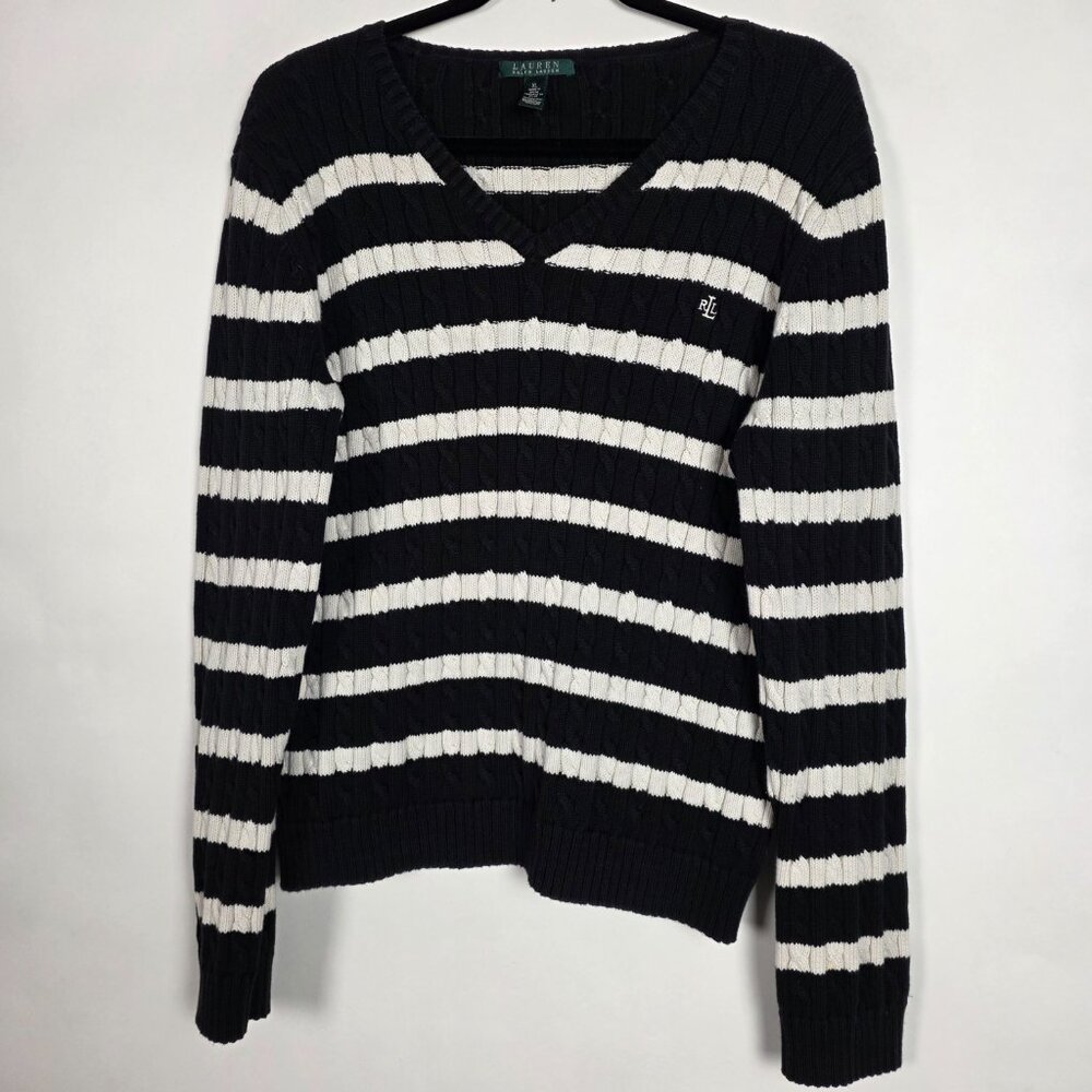 Lauren Ralph Lauren Cable Knit Black White Women XL Long Sleeve Pullover Sweater